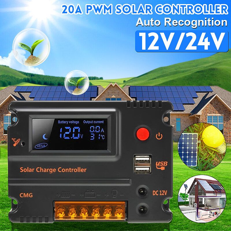 20A 12V/24V LCD PWM Solar Panel Solar Charge Controller Inverters Outdoor Energy With USB Charging Interface For Cell Phone