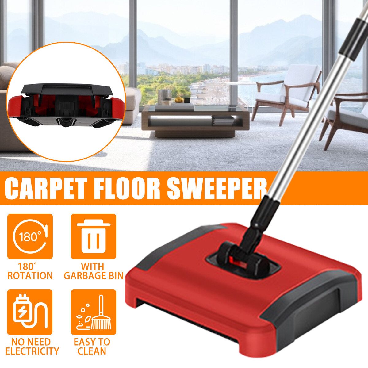 Carpet Floor Sweeper Cleaner Hand Push Automatic Broom For Home Office Rugs