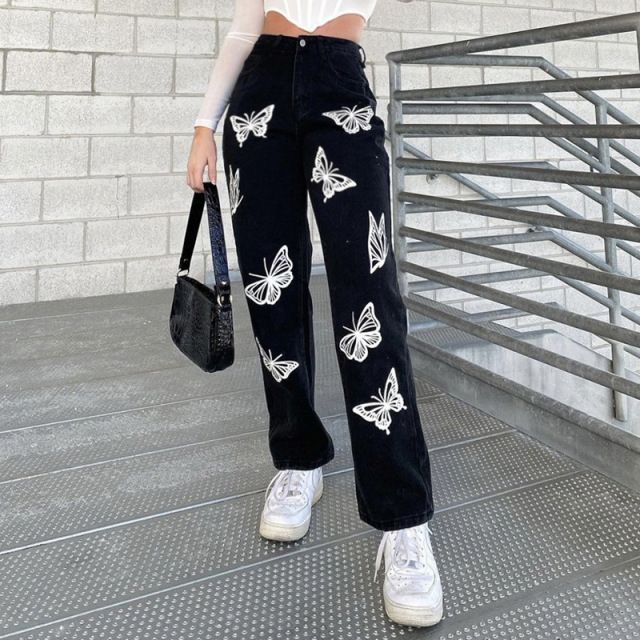 Black Baggy Jeans Women Butterfly Print Aesthetic Denim Pants High Explosive