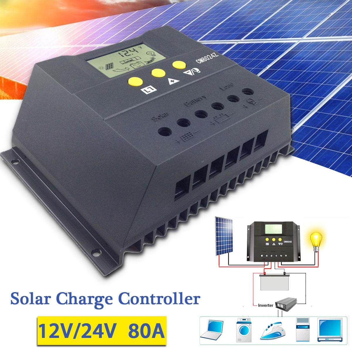 12V/24V 80A Solar Charge Controller PWM LCD Screen Charger Regulator