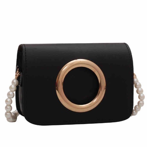 Mini Faux Pearl Beaded Flap Shoulder Bag - Black