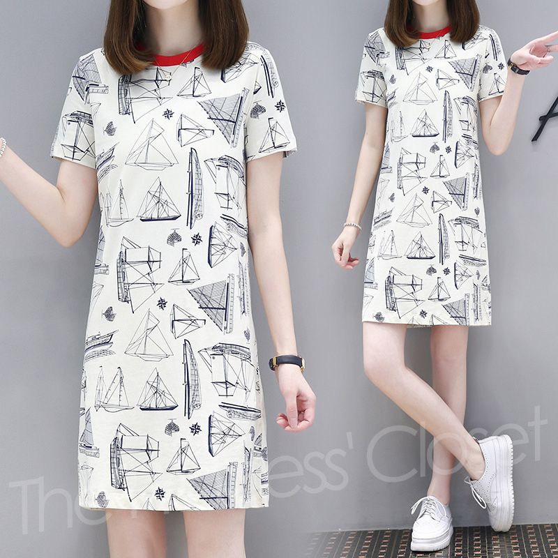 D18 Office Lady Geometry Print Short Sleeve Dress-Multi