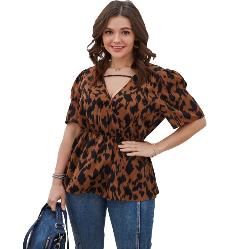 XL-4XL Women V Neck Short Sleeve Leopard Print Plus Size Blouse Caramel 2575