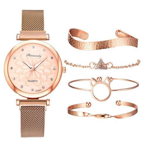 5pcs/set Ladies Fashion Trend Flower Dial Mesh Strap Quartz Watch + Bracelet Set
