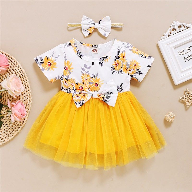 Baby Girls Princess Dress Short Sleeves Floral Tutu Dress + Headband