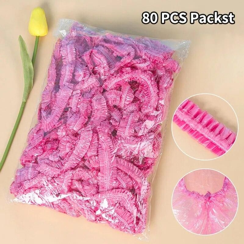 80pcs Shower Cap Head Cover Elastic Plastic Thickened Pink Round Cover Food Kitchen Bathroom Accessories Food Preservation Bag