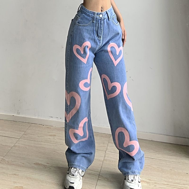 (Pink)Sunny Y.j. Brown Baggy Girl Jeans Women Heart Print New Aesthetic Vintage 90s Streetwear Denim Trousers Low Waist Straight Pants ACU