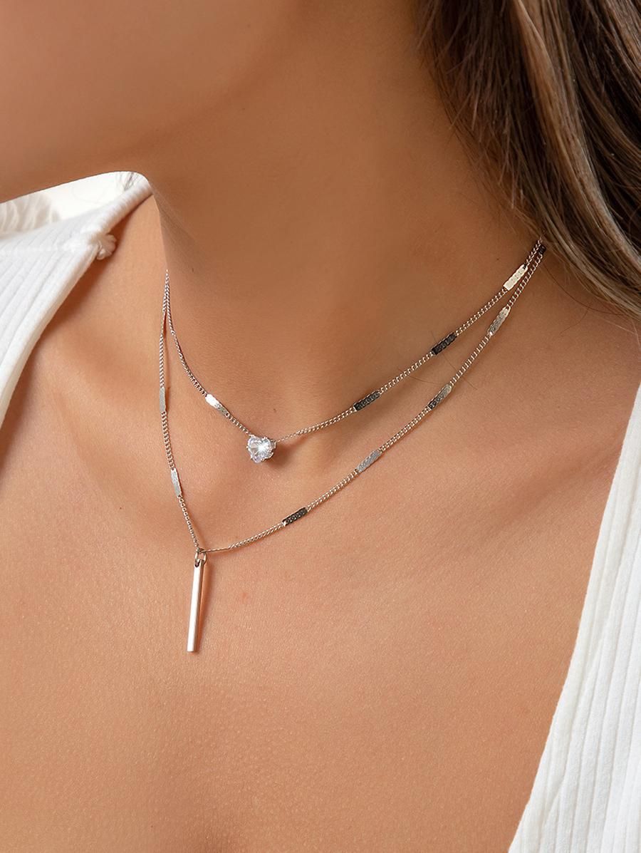 Women Two Layer Diamond Pendant Chain Necklace Silver