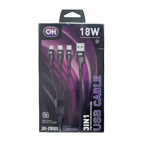18W 3-in-1 High Density Braided Charging Usb Cable-Black