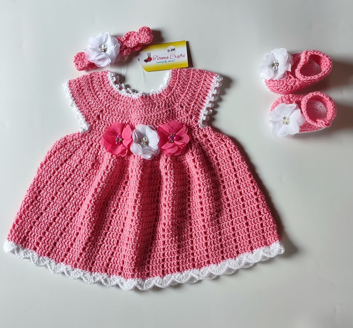 Crochet Newborn Baby Gown Dress With Glitters - Light Pink
