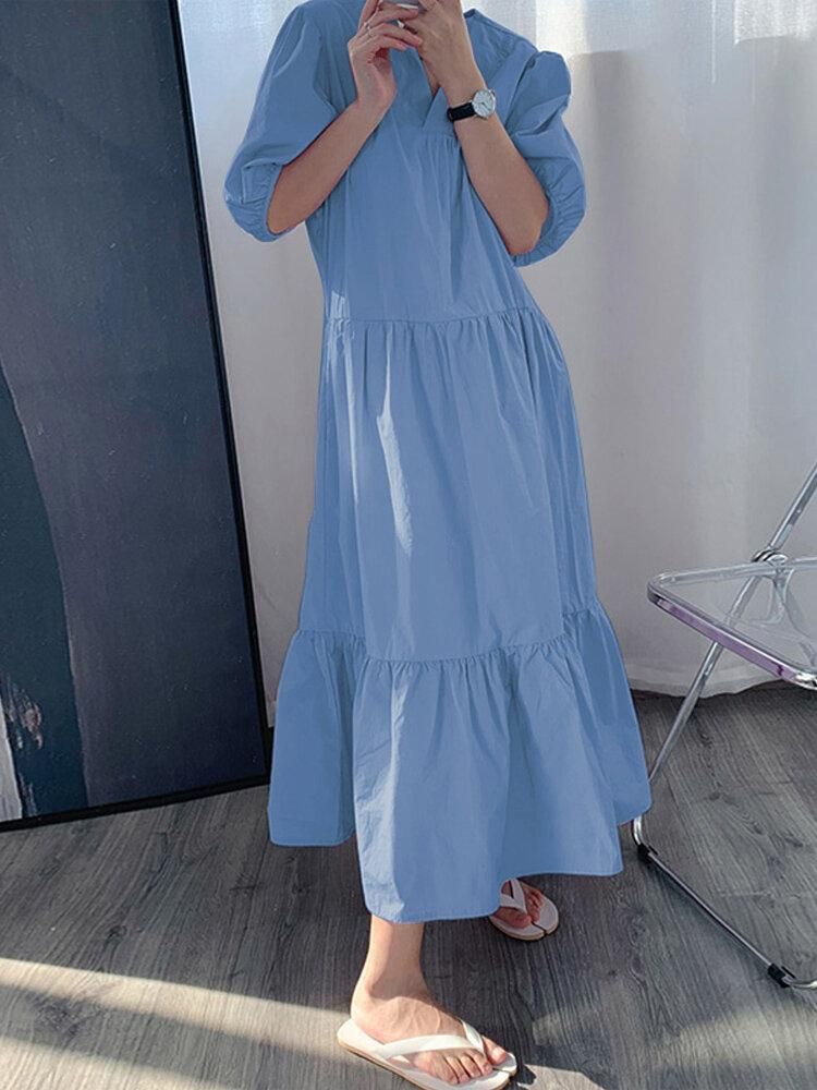 Solid Color Puff Sleeve Pleats Ruffle Hem Holiday Maxi Dress