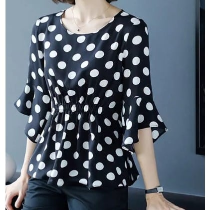 Polka Dot Peplum Blouse - Black