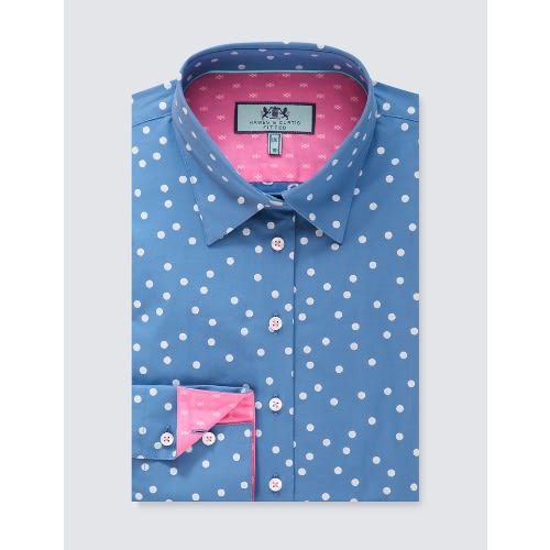 Women's Royal & White Dobby Spot Fitted Shirt - Single Cuff