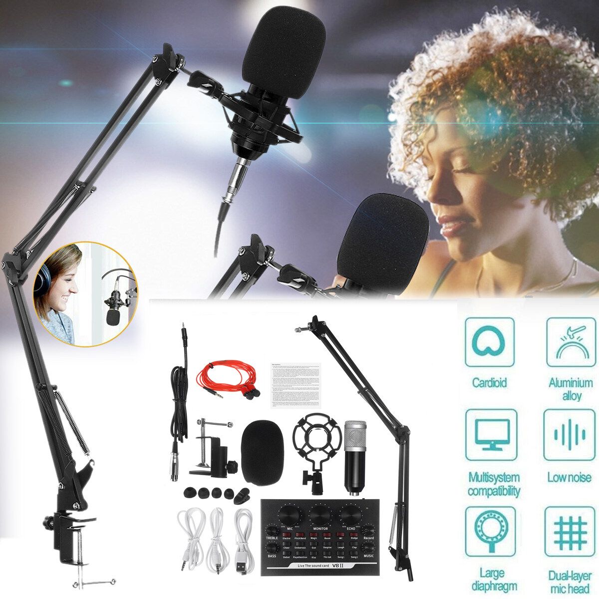 BM800 Condenser Microphone Mic Kit Live Studio Sound Recording Mount Boom Stand Blue