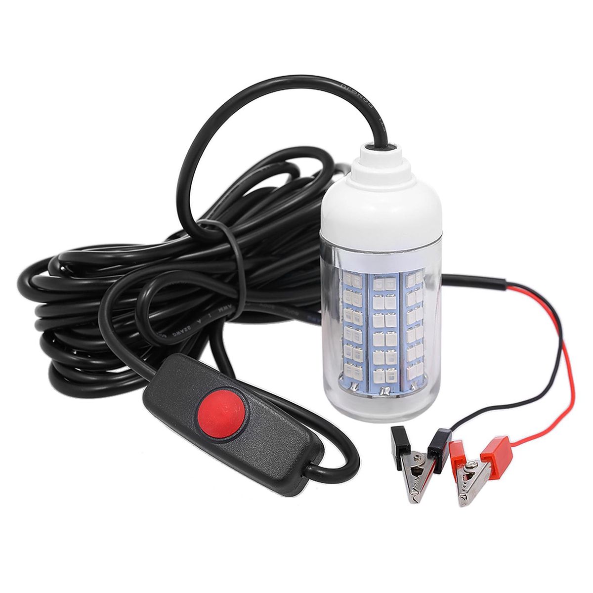 12V 15W Underwater Fishing Attract Light LED Lamp Fish Finding System Light with 30ft Power Cord and Battery Clip