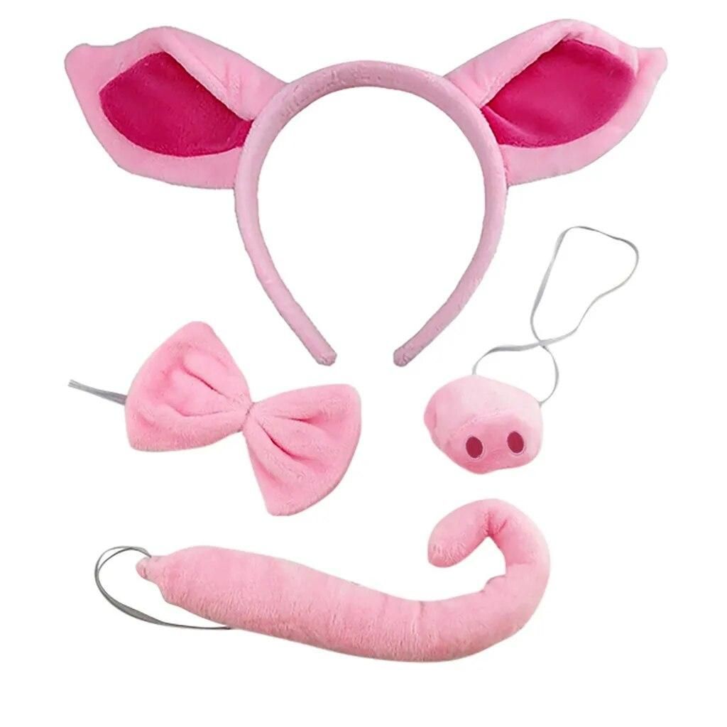 Pig Headband Ears And Tail Set Cosplay Costume Pink Pig Ear Headband Nose Tail Halloween Animal Headdress Dress Up Accessories
