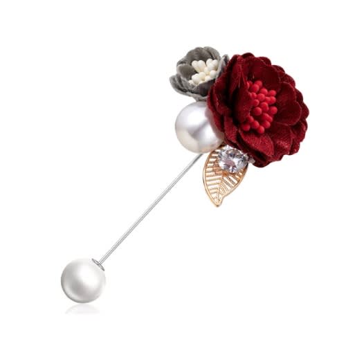 Fabric Flower Pearl Pin Brooch For Women - Wine