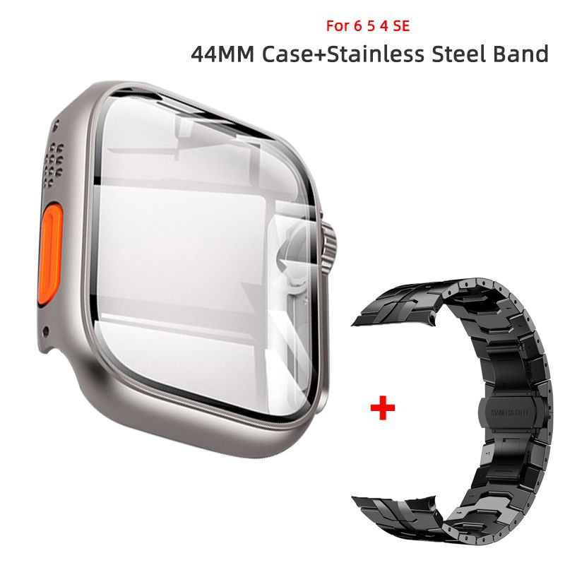 (Steel Band-B 44mm)Appearance Upgrade To Ultra For Apple Watch 8 7 45mm 4 5 6 SE 44mm Tempered Glass Case For I Watch Ultra 49mm Screen Protector DOU