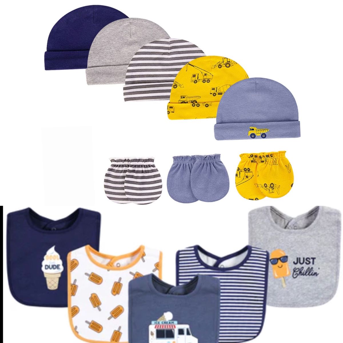 Baby Boy Bib Set & Caps & Mitten-13pcs