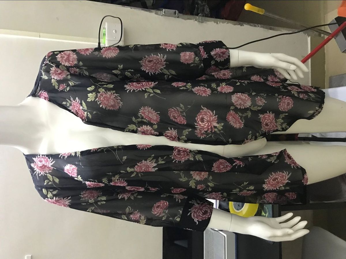 Women Chiffon Cardigan Printed Blouse Three Quarter Sleeve Irregular Hem Tops