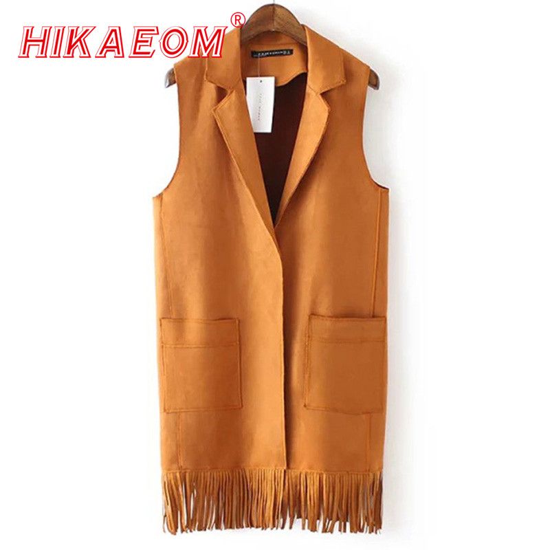 Chaleco Con Borlas Para Mujer, Ropa De Ante Con Cuello Vuelto, Precio De Fabrica, Europa, Invierno, Venta Al Por Mayor