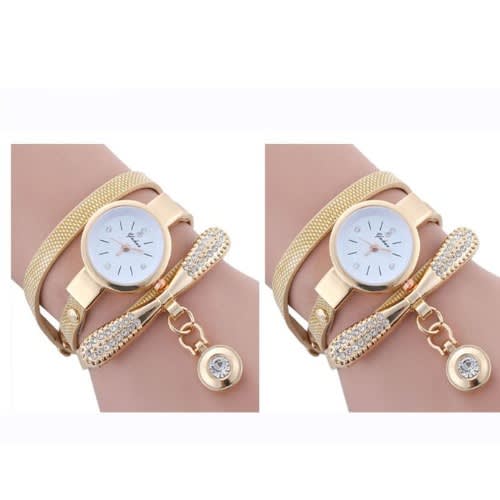 2pcs  Ladies  Leather Rhinestone Bracelet Watch- Gold