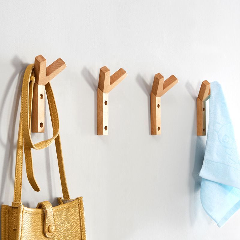 4 Piece Y Shape Natural Wooden Clothes Hooks Wall Mounted Hanger