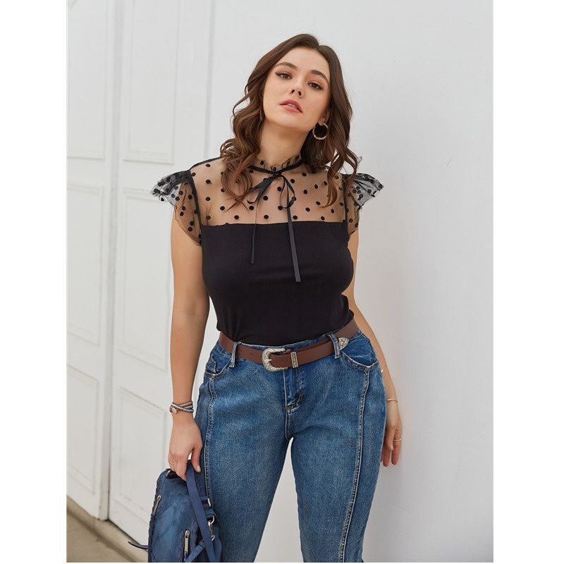 XL-4XL Lace Bow-tie Lace Neck Ruffled Sleeves Plus Size Blouse Black 2572