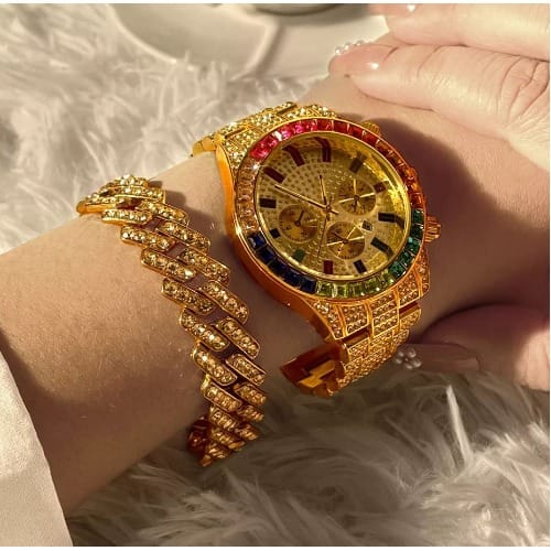 Iced Out Bling Watch And Cuban Bracelet - Gold