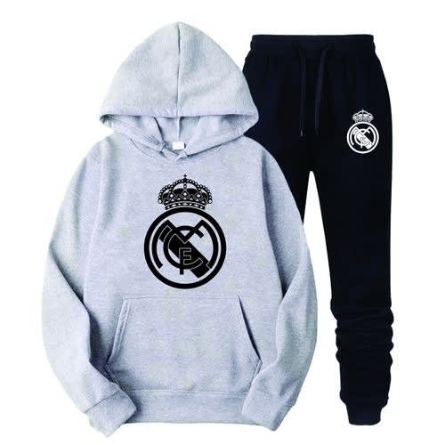 Grey Hoodie And Black Joggers Real Madrid Prints