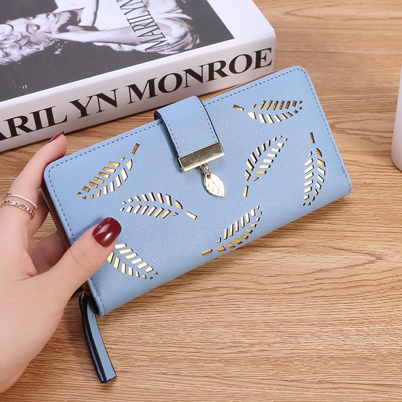 2020 new Korean version of hollow tree leaves ladies long wallet summer wallet clutch bag mobile phone bag card bag women 067 Sky Blue
