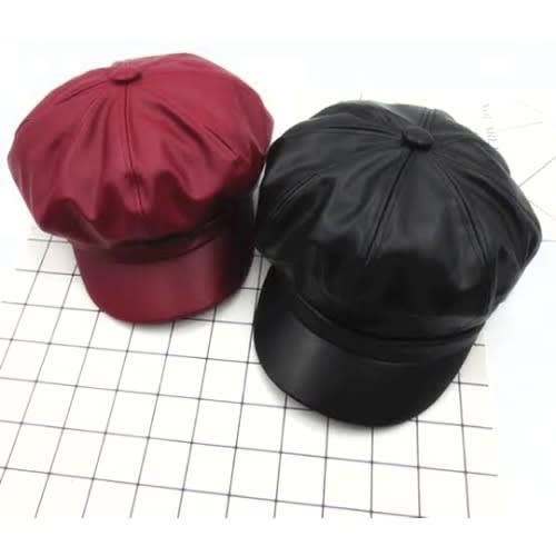 Set Of 2 Leather Beret Face Caps - Wine And Black