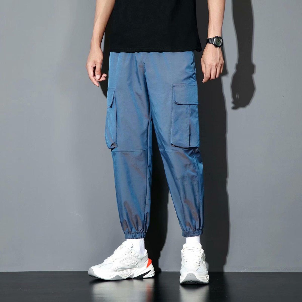 Lolabing and reflective cargo pants for men Casual street clothing for Hip-Hop Harem tracksuit