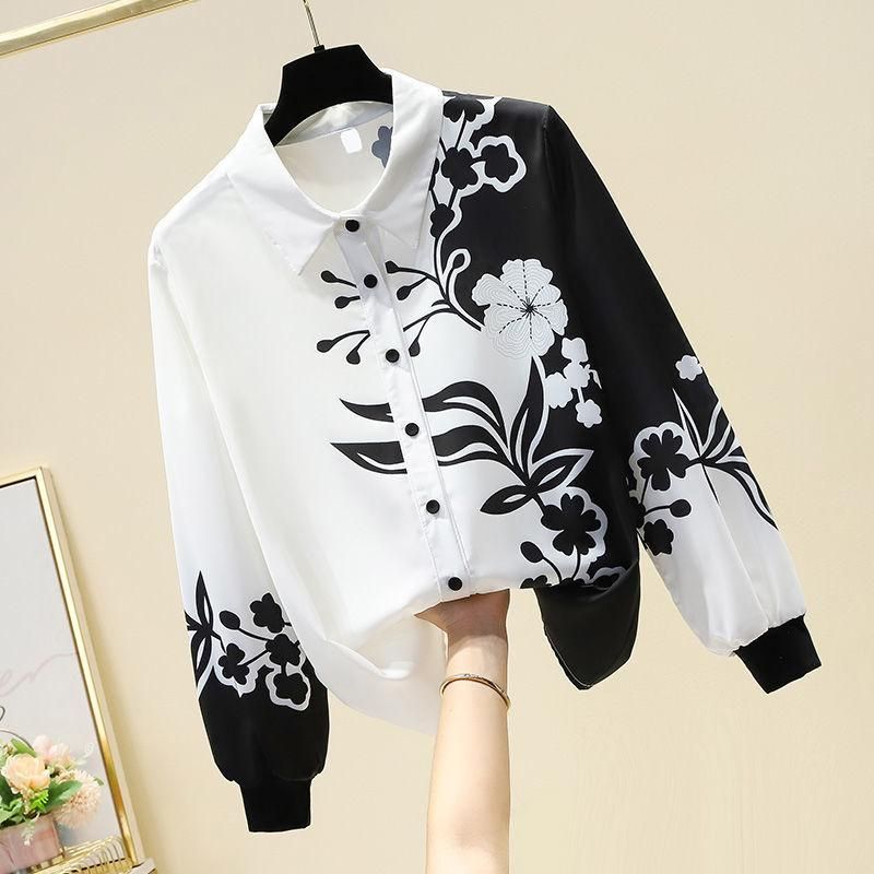 Black and White Printed Faux Silk Shirt Women's 2023 Spring New Fashion Long Sleeve Small Shirt Imitation Mulberry Silk Ol Top
