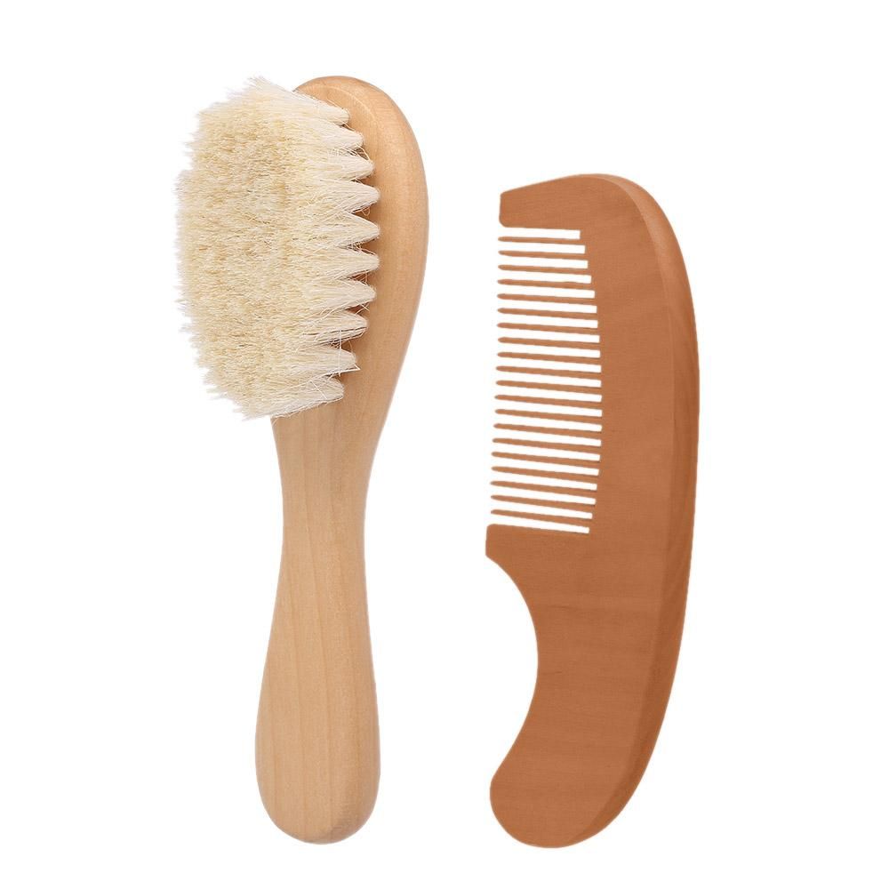 2Pcs Baby Hair Brush Comb Set Newborn Hairbrush Kit Infant Comb Soft Wool Hair Wooden Handle Scalp Massage