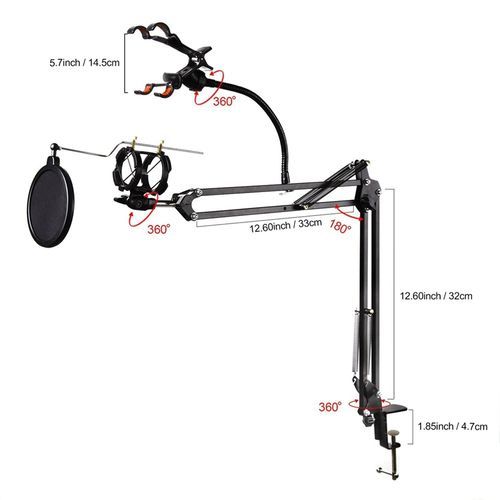 Professional Adjustable Desk Recording Microphone Stand With Phone Holder,Pop Filter.
