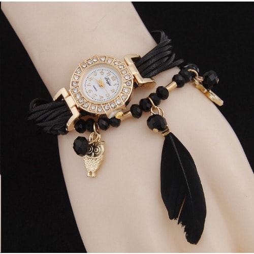 Ladies' Owl Feather Pendant Watch - Black