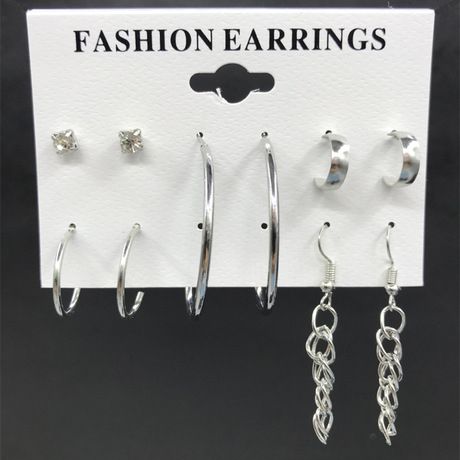 5 In 1 Studs Rings And Big Loop Earrings - Silver