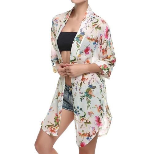 Women Floral Leopard Print Half Sleeve Shawl Chiffon Kimono