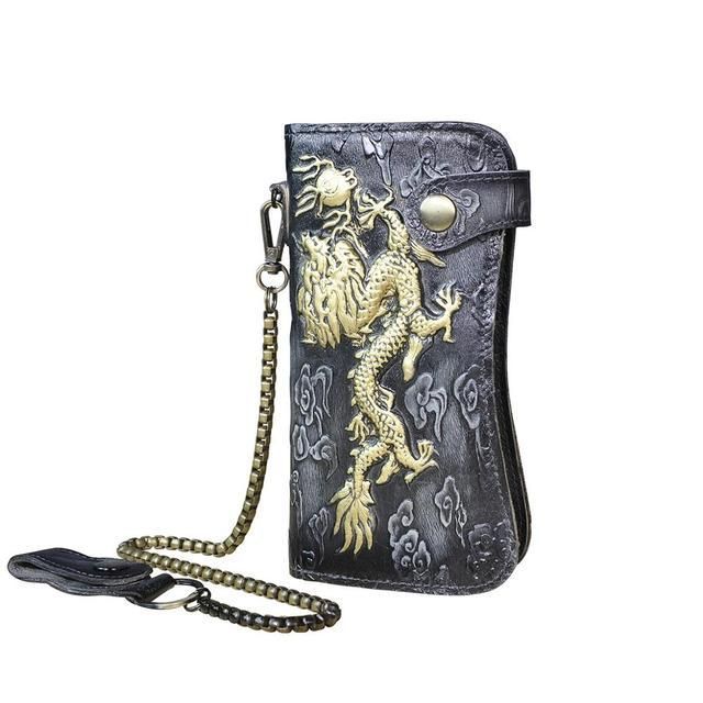 Dargon Tiger-Bolso de mano de cuero para hombre cadena de hierro organizador cartera diseno 1088-db-black-gd