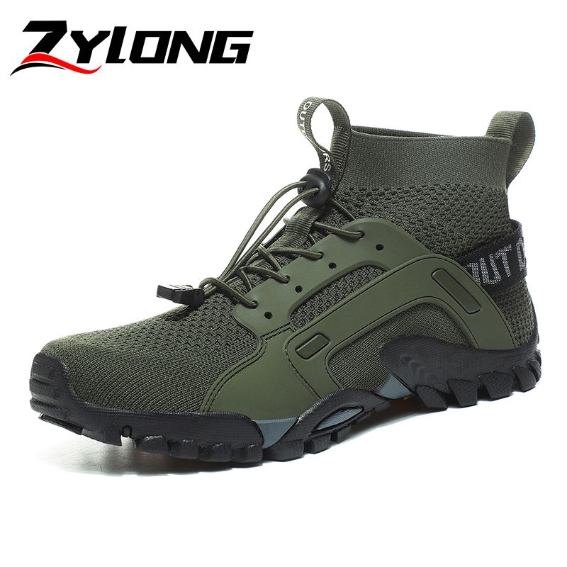 Men's Fashion Outdoor Hiking & Trekking Shoes Big Size 38-48 High Quality Elastic Fabric+Microfiber Leather Breathable Climbing Mountain Sneakers Army Green