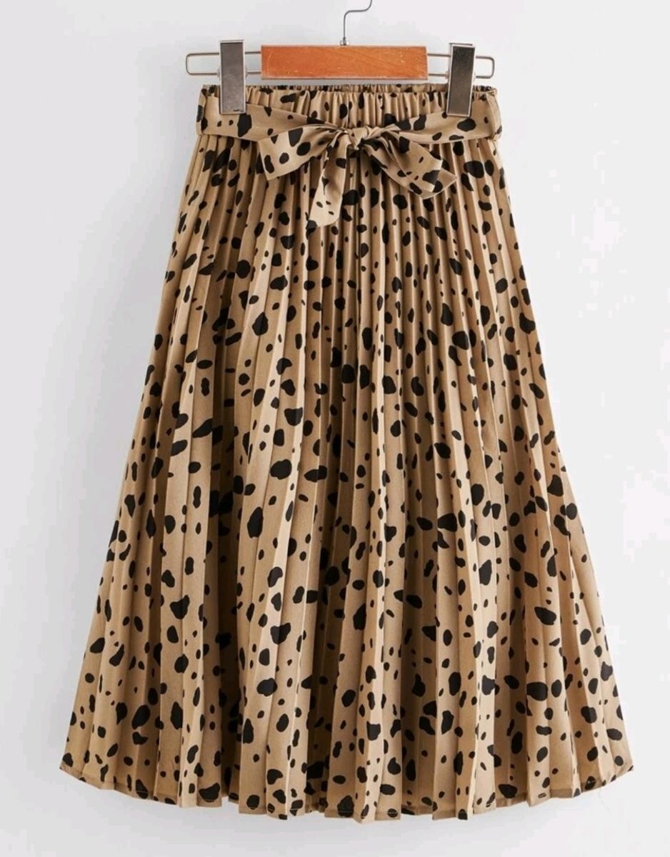 Big Girls Self Belted Dalmatian Print Pleated Skirt- Brown Black