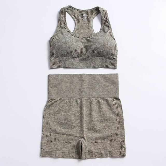 2 Piece Set Women Workout Clothing Gym Yoga Set Fitness Sportswear Crop Sports Bra Seamless Leggings Active Wear Outfit Suit(#Army Green 2pcs)