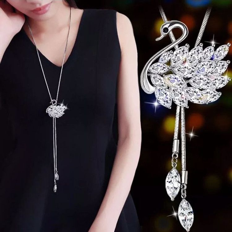 Modern And Trendy Women Artificial Crystal Swan Long Necklace Sweater Chain