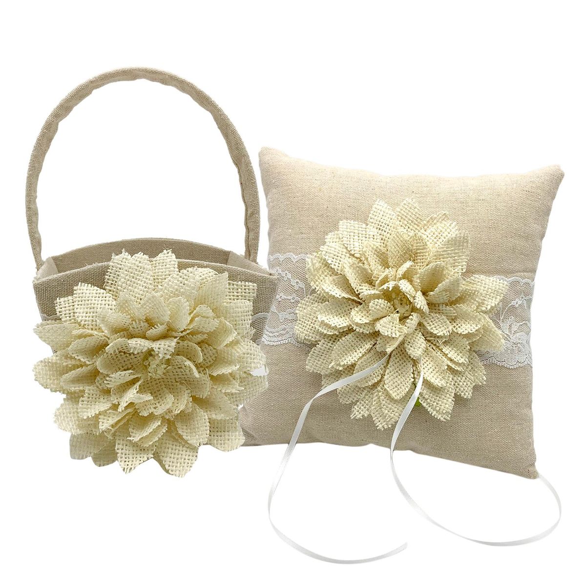 Flower Basket+Wedding Ring Bearer Pillow Big Flower Lace Pearl Decor for Wedding Party Romantic