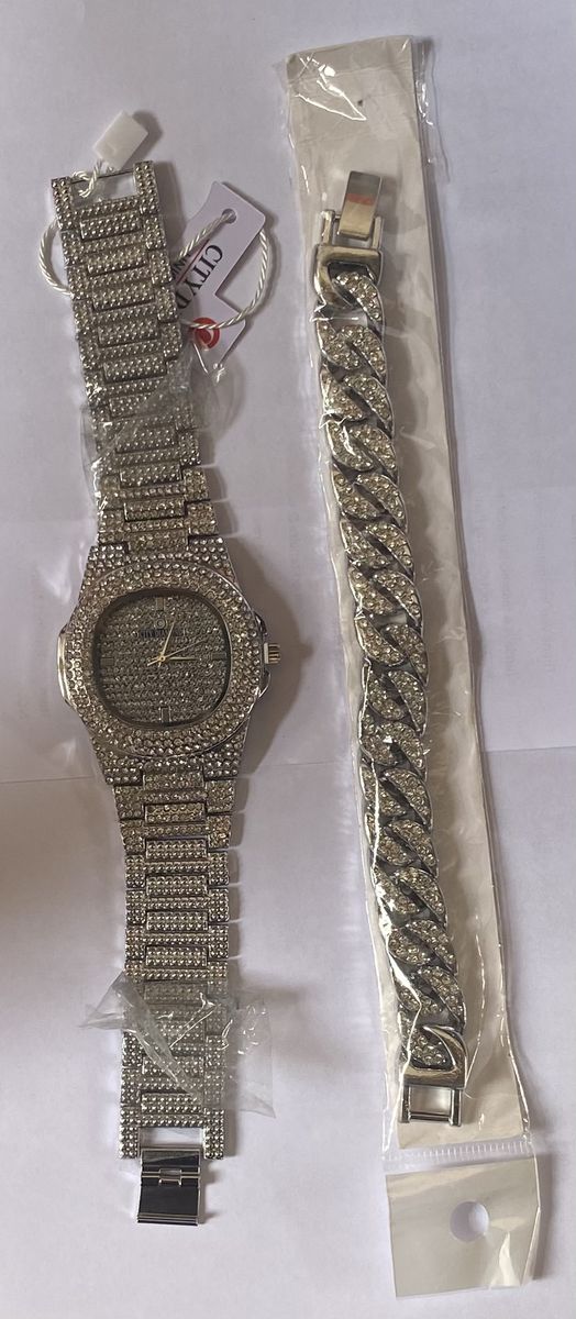 Stone Iced Men"s Wristwatch With Hand Chain - SIlver