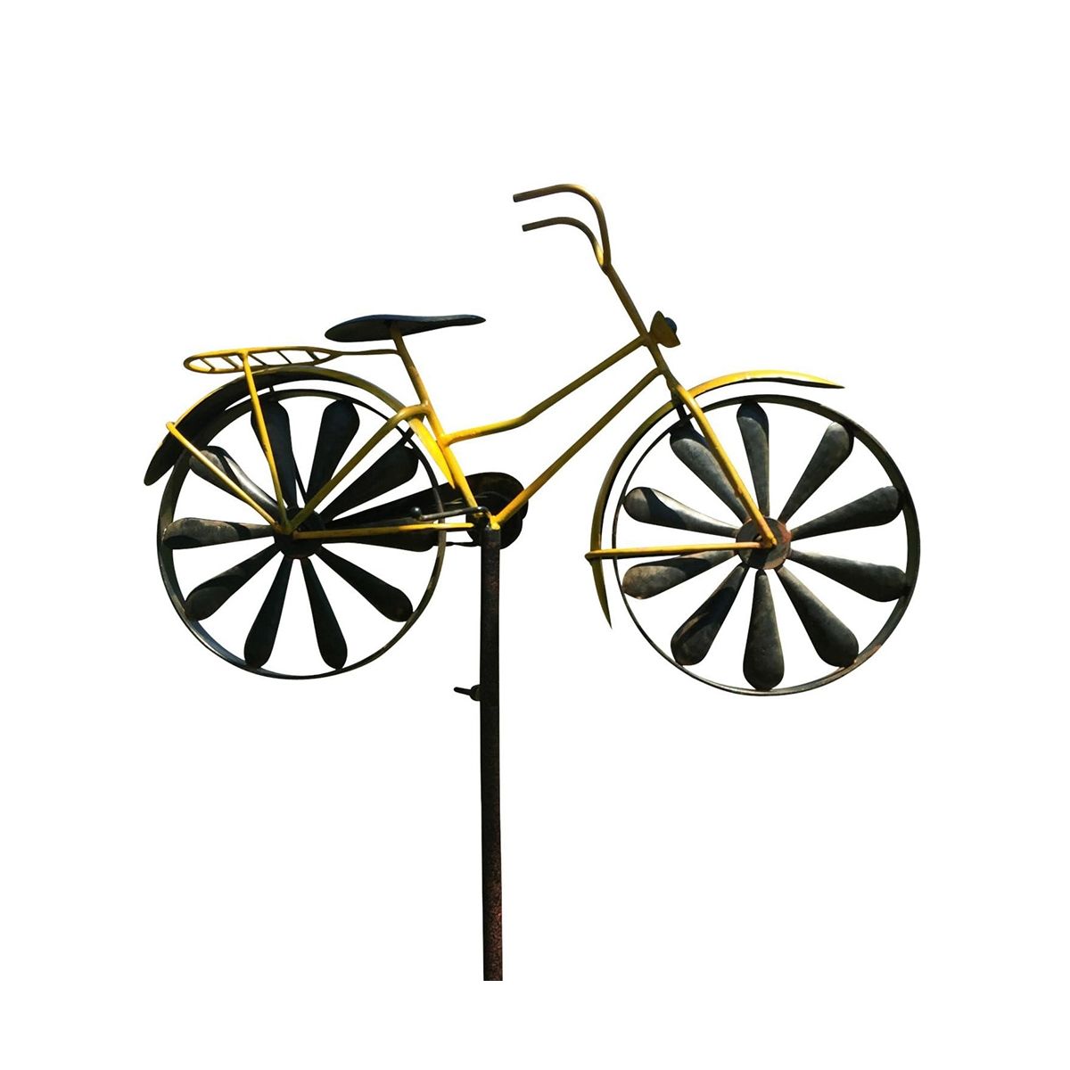Yellow Bike Garden Spinner Vintage Style Stake Decoration Rustic Yellow with Antiqued