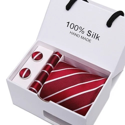 Necktie Set With Handkerchief And Cufflinks In Gift Box - Red