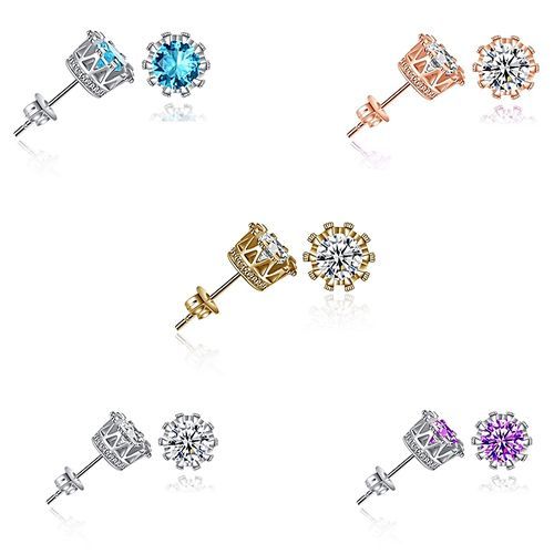 1 Pair Fashion Women Men 18k Gold Plated Crown Earrings Sterling Silver Crystal Double Stud Earing