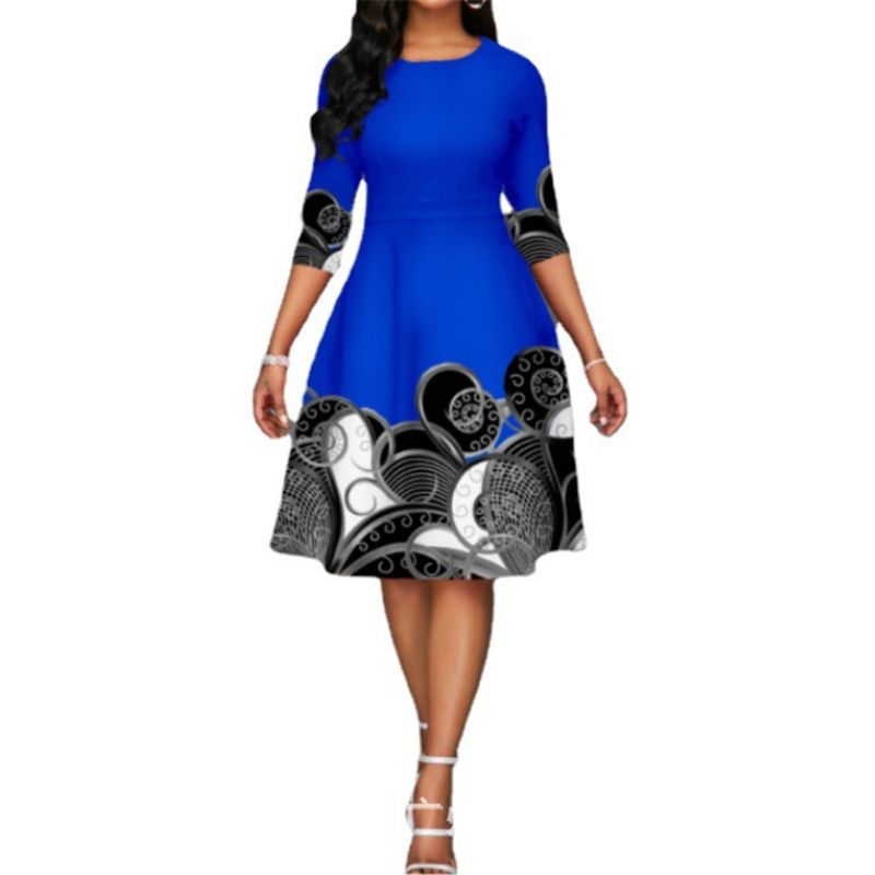 (Blue)Vintage Graphic Print Half Sleeve Elegant Party Dresses For Women 2022 Summer Fashion Ladies Plus Size A Line Midi Dress Robe SAB